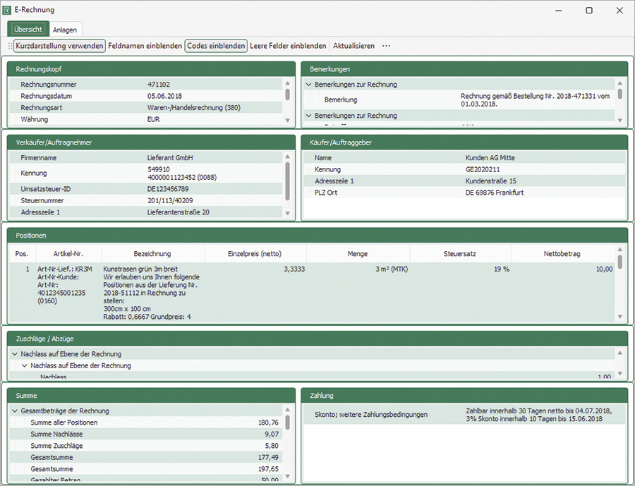 Über den E-Rechnungs-Viewer können mehrere E-Rechnungsformate (z.B. ZUGFeRD, XRechnung, Factur-X) anzeigt werden. Bild: Weise Software