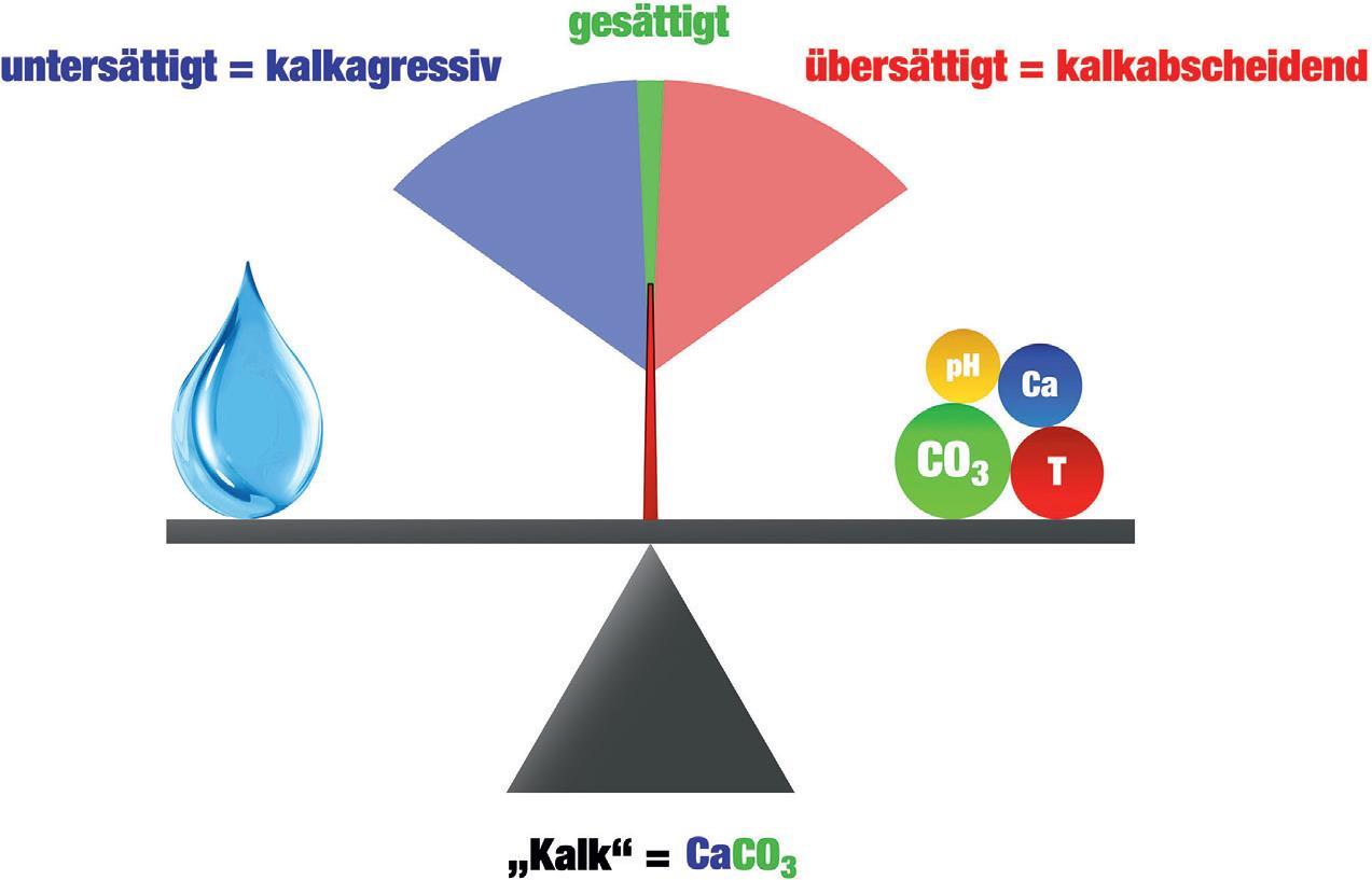 Bild 1: Als Orientierungsgröße ist das Kalk-Kohlensäure-Gleichgewicht (KKG) unverzichtbar, um vorherzusagen, ob ein Risiko für Kalkausfall besteht. Für Annahmen hinsichtlich der Intensität von Kalksteinbildung bedarf es weiterer wasserchemischer Modellrechnungen. In einem stark vereinfachten Modell wird deutlich: Kippt die Waage nach rechts (Übersättigung), kann das Wasser die Menge an Kalk nicht mehr in Lösung halten und scheidet diesen ab. Ist die Waage im Gleichgewicht, ist das Wasser gesättigt und löst keinen Kalk auf, scheidet aber auch keinen Kalk ab. Kippt die Waage nach links (Untersättigung), ist das Wasser kalkaggressiv und löst Kalk auf, solange bis der Calcium- und Carbonationengehalt sowie der pH-Wert und die Temperatur im Gleichgewicht sind. (Watercryst)